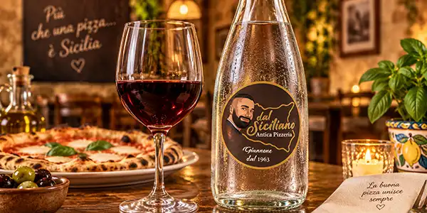 Bottiglia d'acqua Dal Siciliano e calice di vino rosso